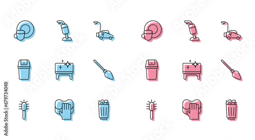 Set line Toilet brush, Cleaning service, Washing dishes, Full trash can, table, Handle broom, Trash and Vacuum cleaner icon. Vector