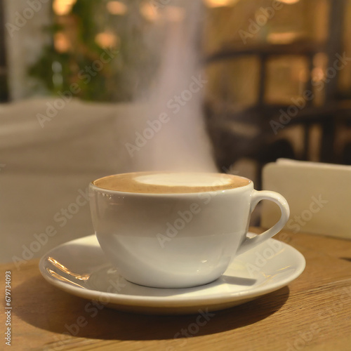 Hot cup of delicious coffee on a restaurant table
