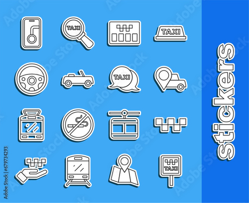 Set line Road sign for a taxi stand, Taxi car roof, Location with, Taximeter, Car, Steering wheel, City map navigation and call telephone service icon. Vector