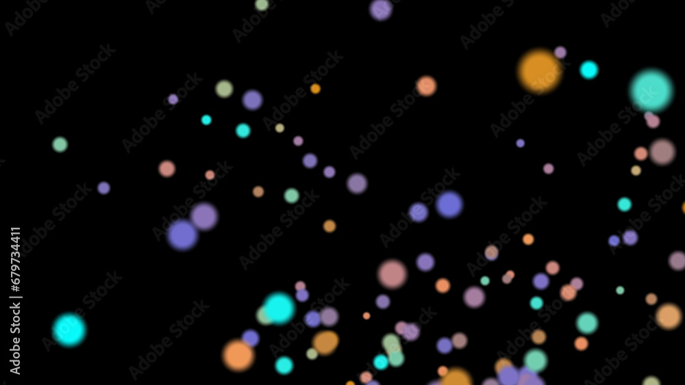 Abstract colorful particles fly in the universe. 4K. 3D. Isolated black background.