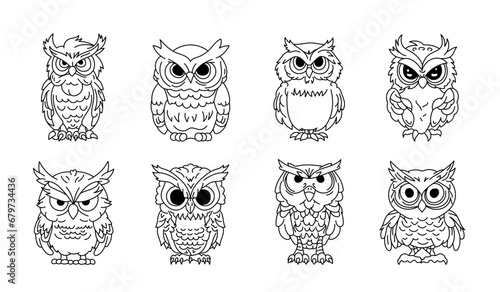 Owl character coloring book. Collection image predatory bird. Vector drawing. Set of design elements.