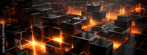 abstract black cube wallpaper hd  in the style of dark orange and light gold  fragmented architecture  luminous 3d objects  neon-lit urban  hyperrealistic compositions