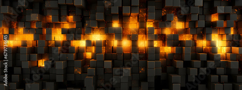 abstract geometric pattern using yellow and orange cubes in a black background, in the style of futuristic cityscapes, aluminum, luminous shadows, shaped canvas, high detailed photo
