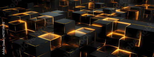 black and orange cubes with yellow swirls on a dark background, in the style of futuristic urbanity, backlight, detailed architectural scenes, contemporary metallurgy, shaped canvas