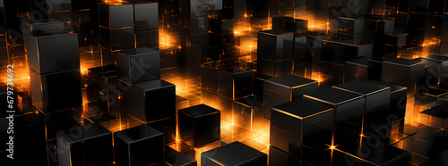 geometric shapes and black and orange cubes on black, in the style of modern urban, golden light, luminous lighting, textured surfaces, computer-aided manufacturing, dazzling cityscapes, photorealisti photo