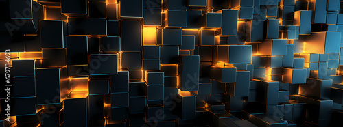high definition orange and blue cubes backgrounds for walls, in the style of dark black and gold, futuristic cityscapes, luminous 3d objects, shaped canvas, circuitry, stark contrast of light and shad