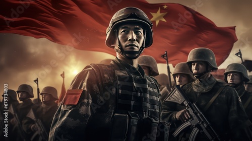 Chinese military against the background of the flag photo