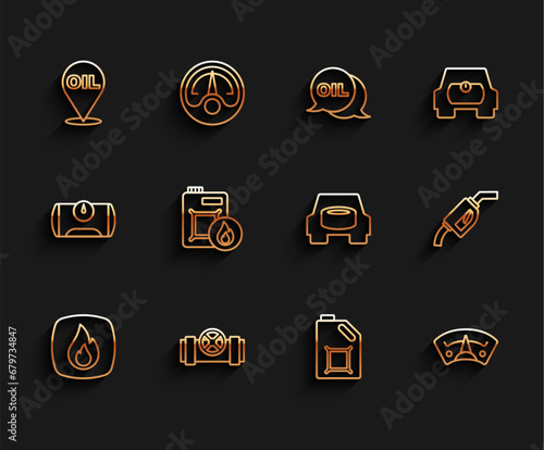 Set line Fire flame, Metallic pipes and valve, Refill petrol fuel location, Canister for motor oil, Motor gas gauge, Gasoline pump nozzle and Spare wheel the car icon. Vector