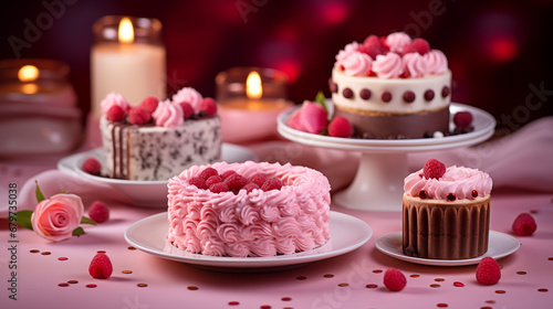 Delightfully Decorated Valentine's Day Cakes: Festive Display with Candles, Lights, and Tempting Designs, Evoking Romance and Celebration in Delectable Confectionery Creations