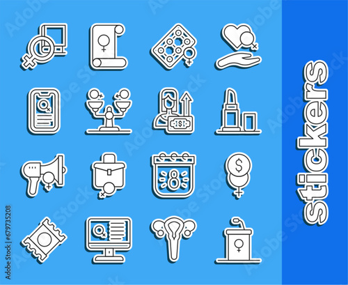 Set line Debate podium rostrum, Feminism finance, Lipstick, Packaging of birth control pills, Gender equality, Dating app, Book about women and Money growth woman icon. Vector