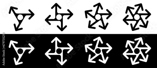 Set with arrows in circle. Multiple way finding or crossroad concept. Black shapes on a white background and the same white shapes on the black side.