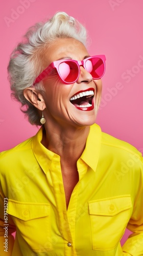 In a light pink and yellow palette, a 60-year-old woman dons red sunglasses, beaming with a lively and energetic smile.