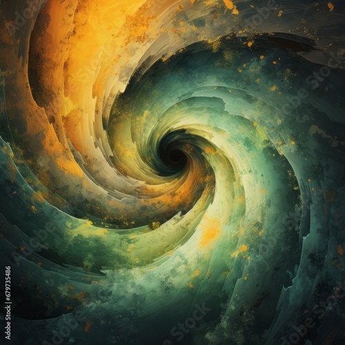 Muted yellow and green shades adorn a massive spiral, concluding with a black hole at the bottom.