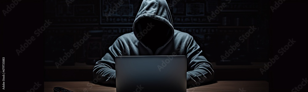 a hooded man sitting in the dark using a laptop. a hooded man sitting in the dark using a laptop.