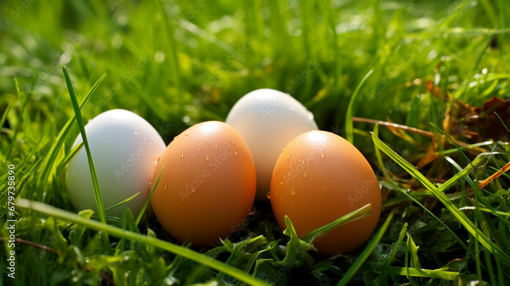 Eggs on green grass from grass-fed birds. Generative AI, Eggs on green grass from grass-fed birds. Generative AI,