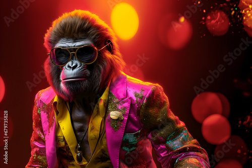 Male gorilla in sparking pink fashion suit, with gold shirt and sunglasses. Fashion concept. Creative animal character. Advertisement idea. Party animal, new year party. © Mathbrothers Studio