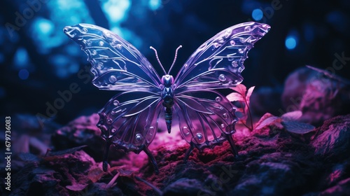 bstract neon butterfly on a dark wall. 3D illustration.Язык ключевых слов: English
