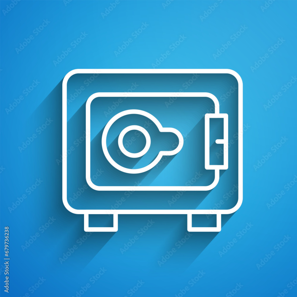 White line Safe icon isolated on blue background. The door safe a bank vault with a combination lock. Reliable Data Protection. Long shadow. Vector White line Safe icon isolated on blue background. The door safe a bank vault with a combination lock. Reliable Data Protection. Long shadow. Vector
