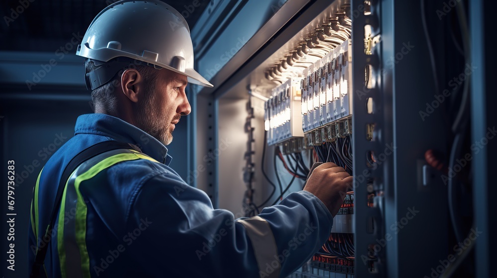Engineer man Checking the operating voltage levels of the solar panel switchgear compartment. Testing medium voltage switchgear and control compartment. - obrazy, fototapety, plakaty 