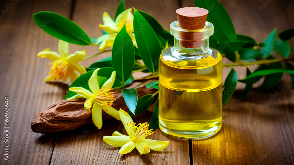 Ylang ylang essential oil in a bottle. Generative AI, Ylang ylang essential oil in a bottle. Generative AI,