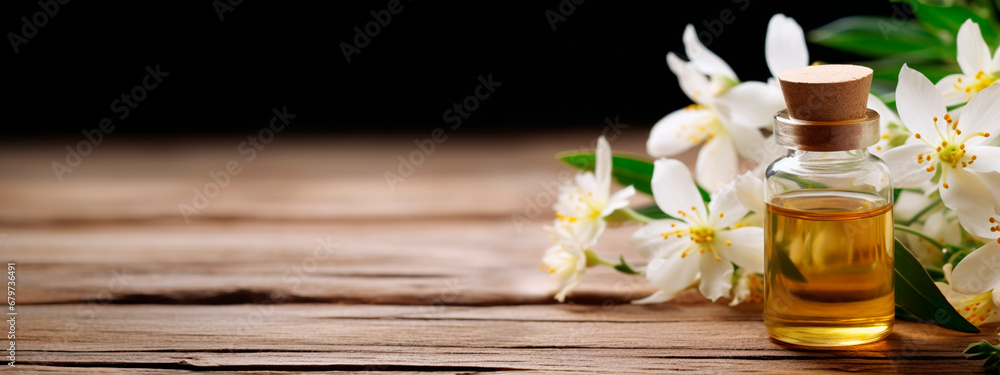 Fototapeta premium Mogra essential oil in a bottle. Generative AI,