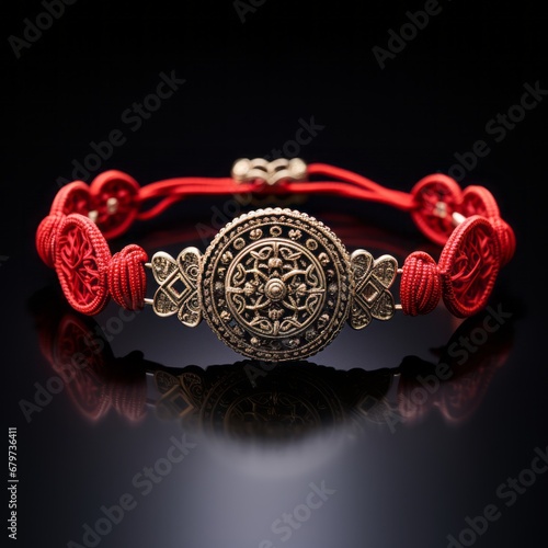 Adorned with auspicious charms, a traditional Chinese talisman bracelet is intricately woven with red thread.