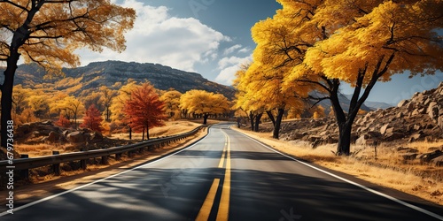 AI Generated. AI Generative. Nature outdoor road highway path asphalt at autumn season at beautiful background with forest and mountain landscape. Graphic Art