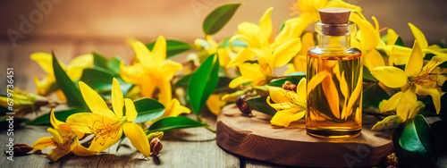 Ylang ylang essential oil in a bottle. Generative AI,