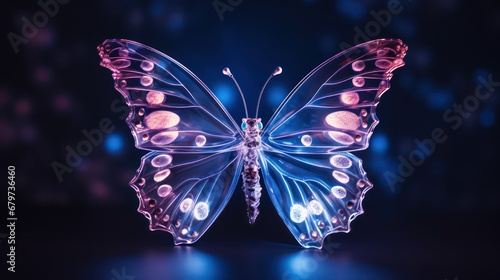 Abstract neon butterfly on a dark wall. 3D illustration. © Terablete