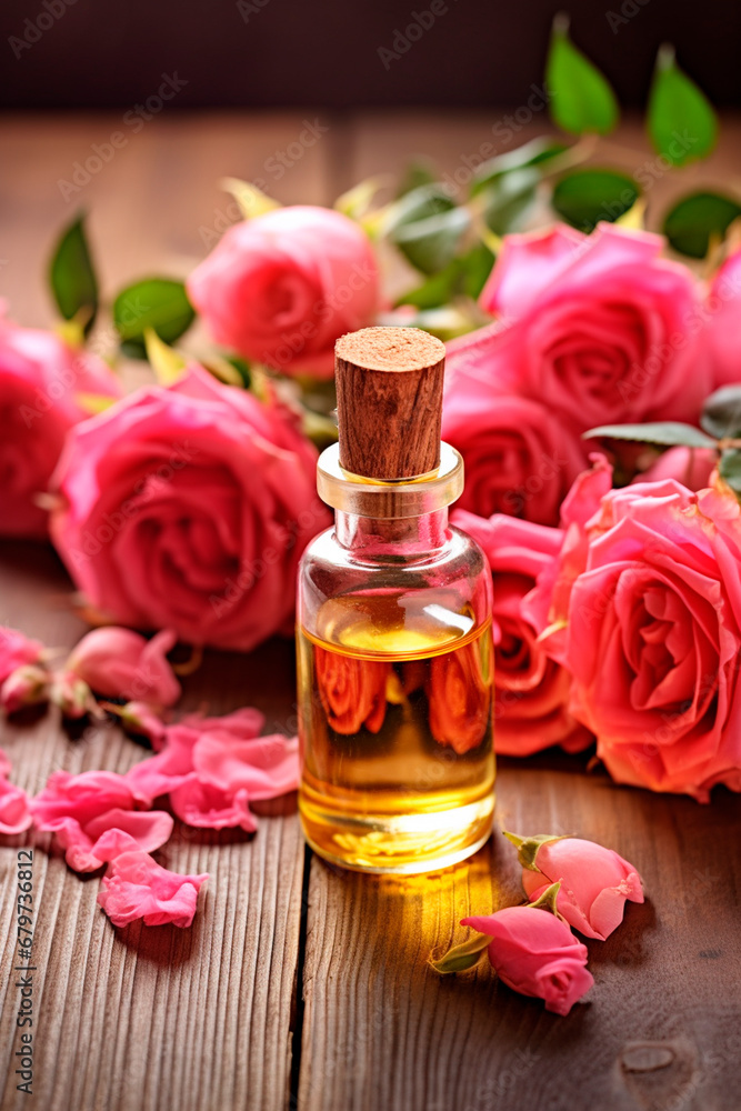 rose essential oil in a bottle. Generative AI, rose essential oil in a bottle. Generative AI,