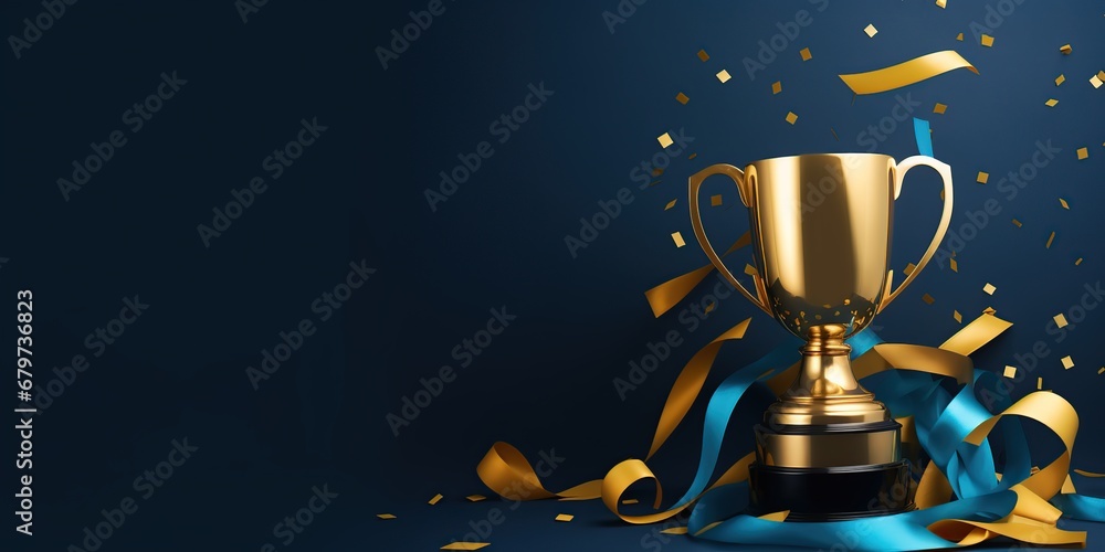 Golden trophy and streamers, business and competition concept, blue background.  - obrazy, fototapety, plakaty 