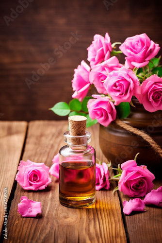 rose essential oil in a bottle. Generative AI,