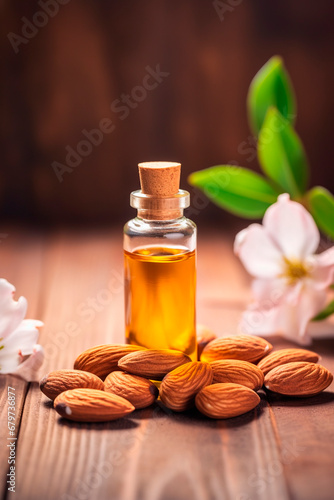 almond essential oil in a bottle. Generative AI,