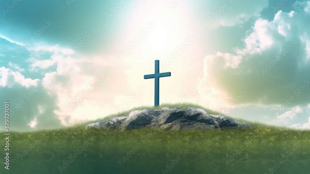 Holy cross symbolizing the death and resurrection of Jesus Christ with the sky over Golgotha Hill is shrouded in light and clouds. Apocalypse concept.