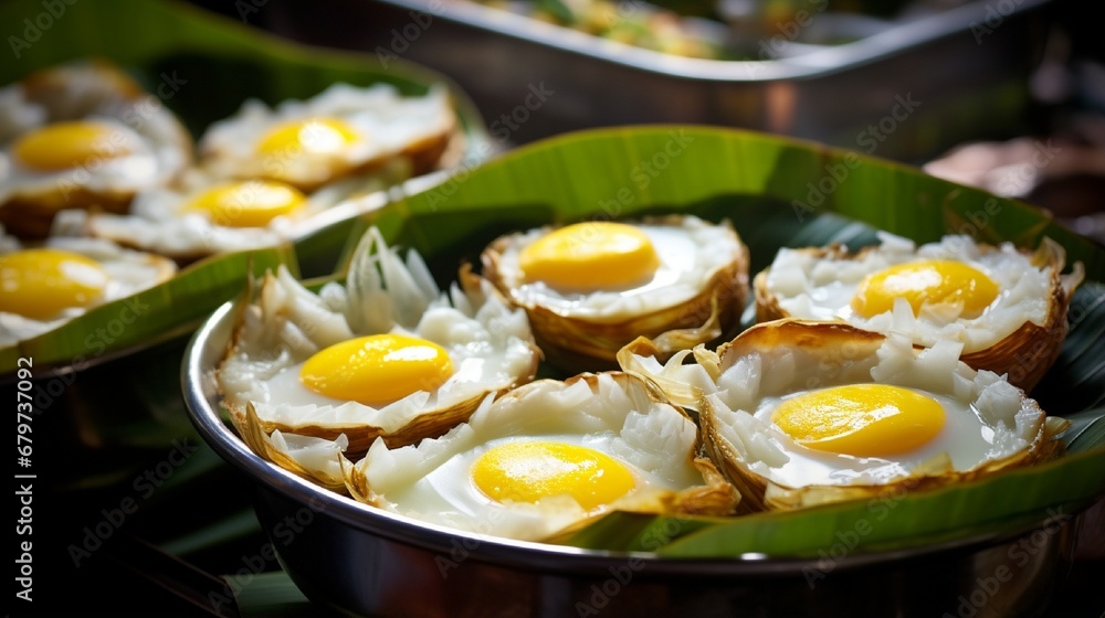 Bright white and yellow hot fried eggs looked delectable when stacked in traditional banana leaf cups found in local street food vendors. It's a simple breakfast menu for Thais in the countryside.