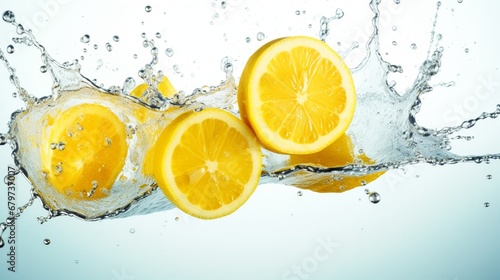 Lemon segments isolated in water on a white backdrop Delicious and nutritious food.