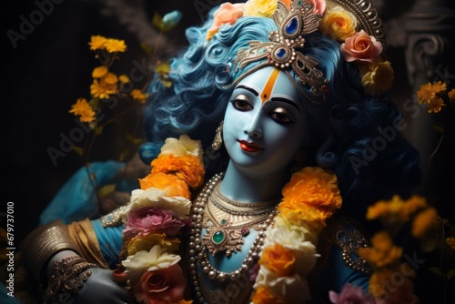 Krishna in Asian style. Religious concept with selective focus and copy space