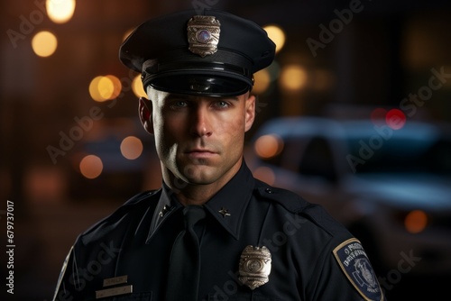 Male police officer. Portrait with selective focus and copy space photo