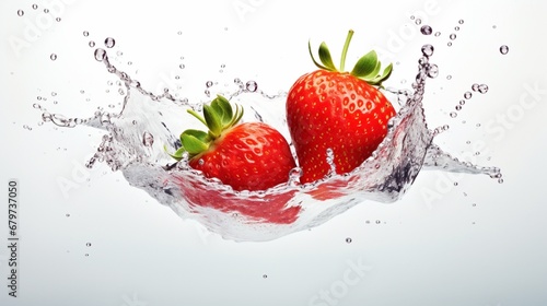 Isolated bright strawberry with water splash on white background Delicious and nutritious food.