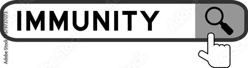 Search banner in word immunity with hand over magnifier icon on white background