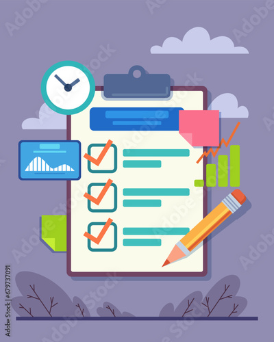Clipboard with checklist and pencil vector illustration. Post-it-notes, clock, diagrams. Business and work concept