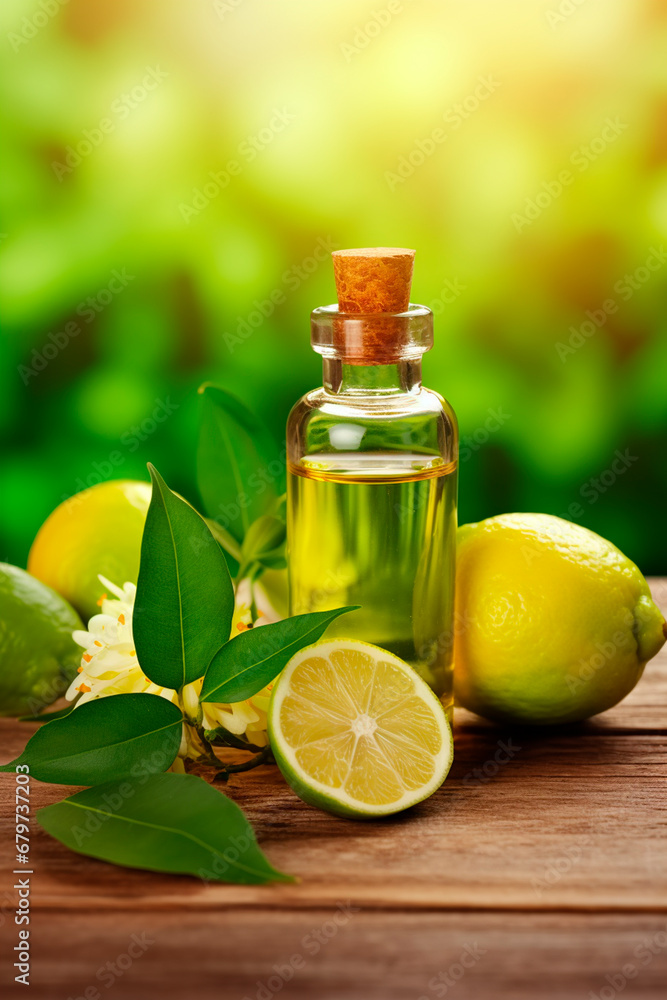 Bergamot essential oil in a bottle. Generative AI, Bergamot essential oil in a bottle. Generative AI,
