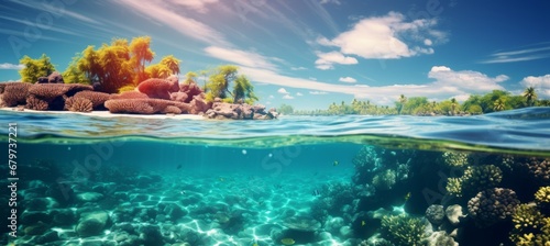 Colorful tropical fish and coral reef in underwater sea landscape for snorkeling and diving