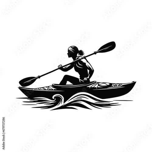 Elegant black silhouette of a female kayaker gliding through calm waters.