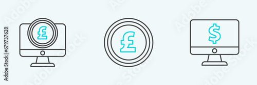 Set line Computer monitor with dollar symbol, pound sterling and Coin money icon. Vector