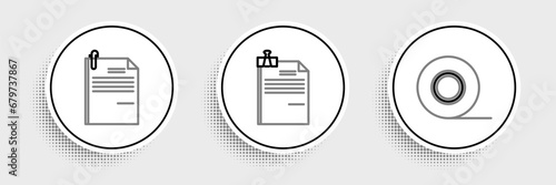 Set line Scotch, File document and paper clip and binder icon. Vector