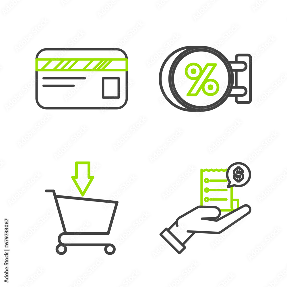 Set line Human hand holding with blank receipt or bill for payment, Add to Shopping cart, Signboard hanging inscription discount percent and Credit card icon. Vector Set line Human hand holding with blank receipt or bill for payment, Add to Shopping cart, Signboard hanging inscription discount percent and Credit card icon. Vector