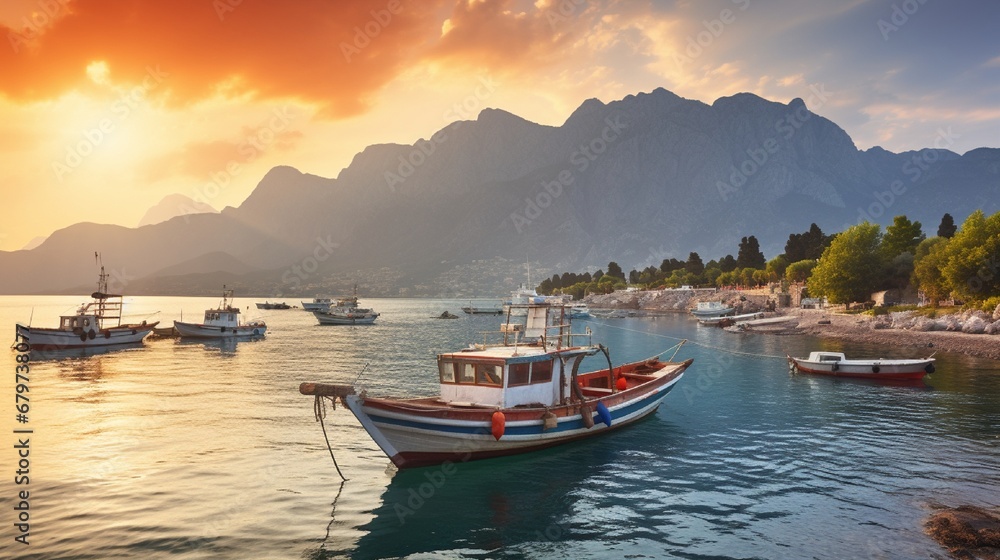 A calm sea with boats and a large peak. Adrian's Mediterranean sunset.