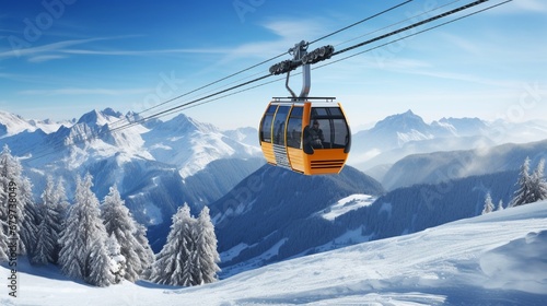 On the background is a blue sky and a cable car on a ski resort.