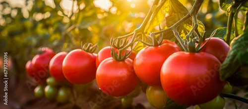 selective focus of ripe tomatoes hanging on a tomato plant (Solanum lycopersicum) in an extensive tomato field with blurred background photo